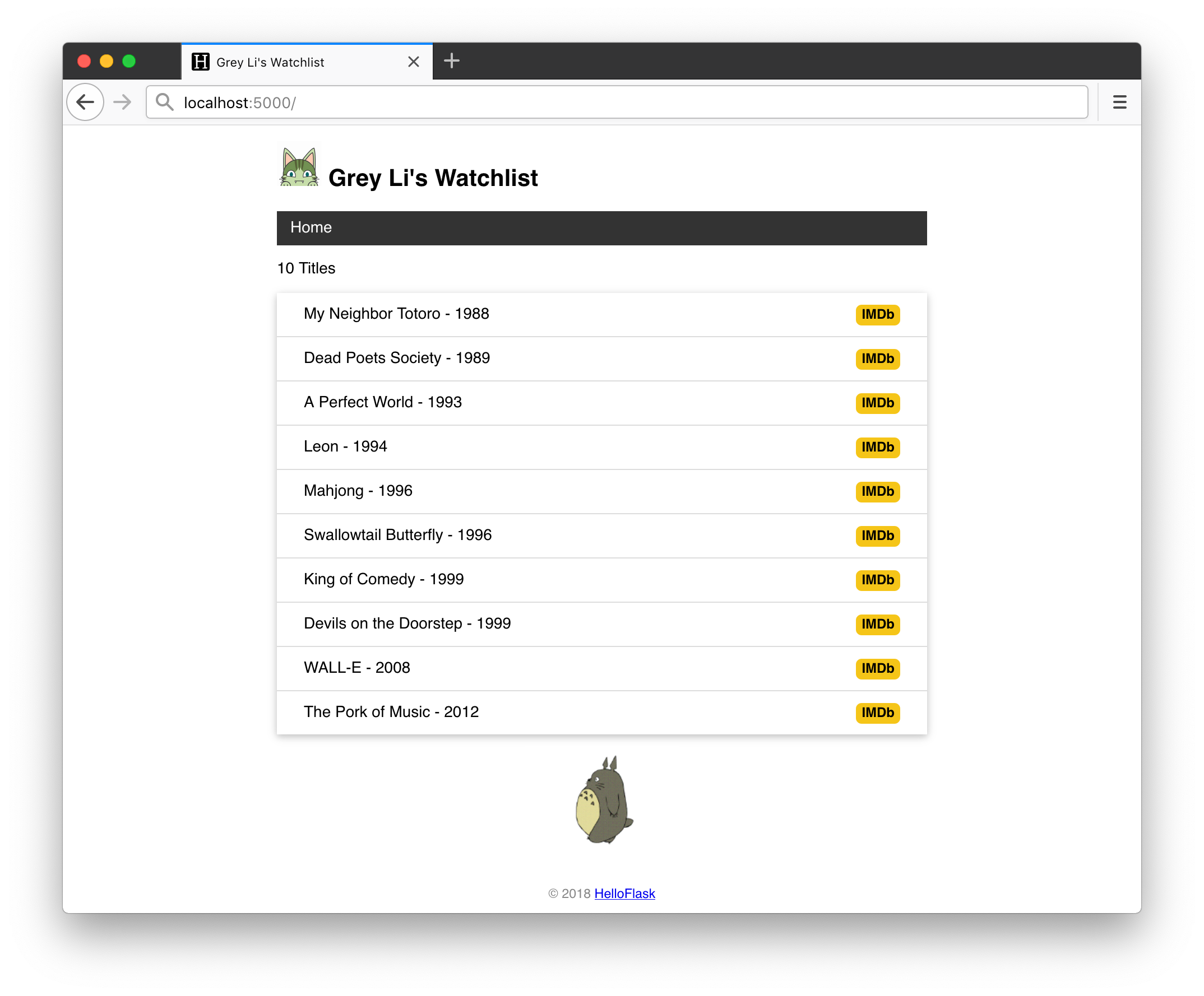 The home page with navigation and IMDb links