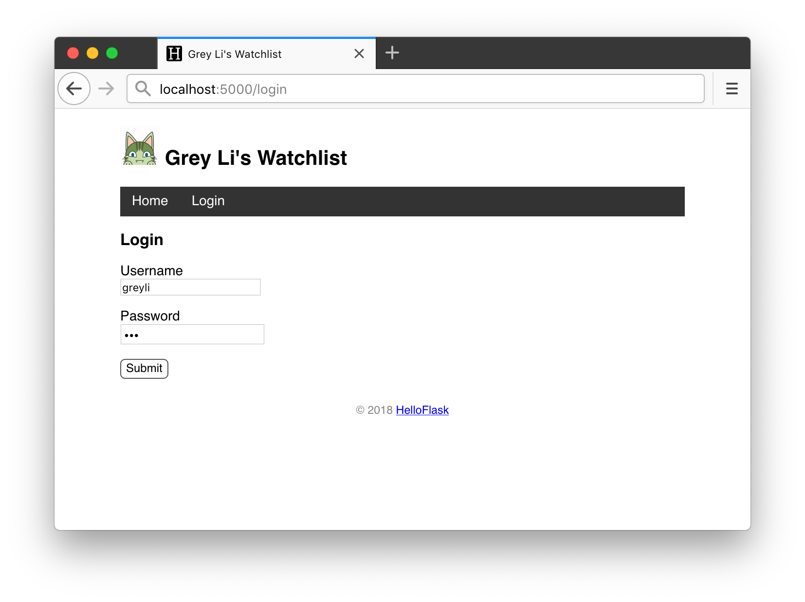 The login page
