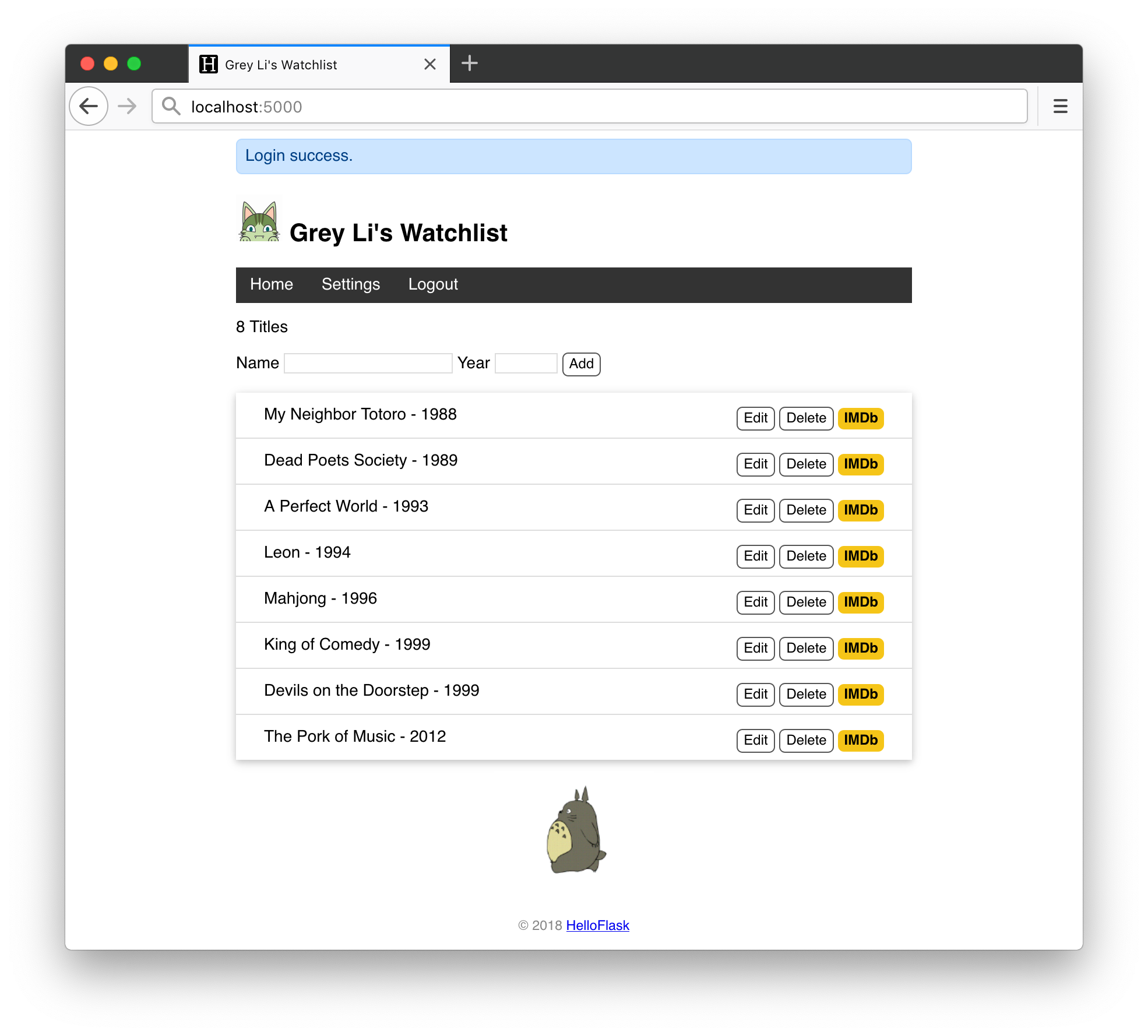 The home page for a logged-in user